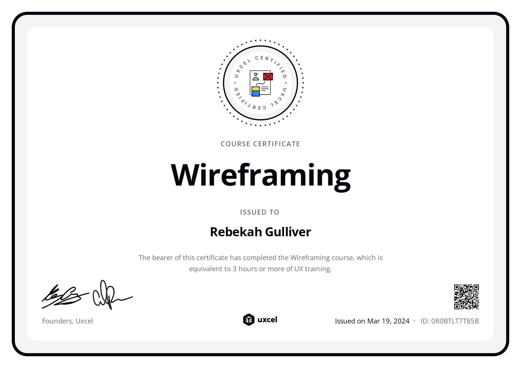 Rebekah Gulliver's certificate